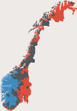 Mapa norweskim komun – bokmål, nynorsk i neutralne